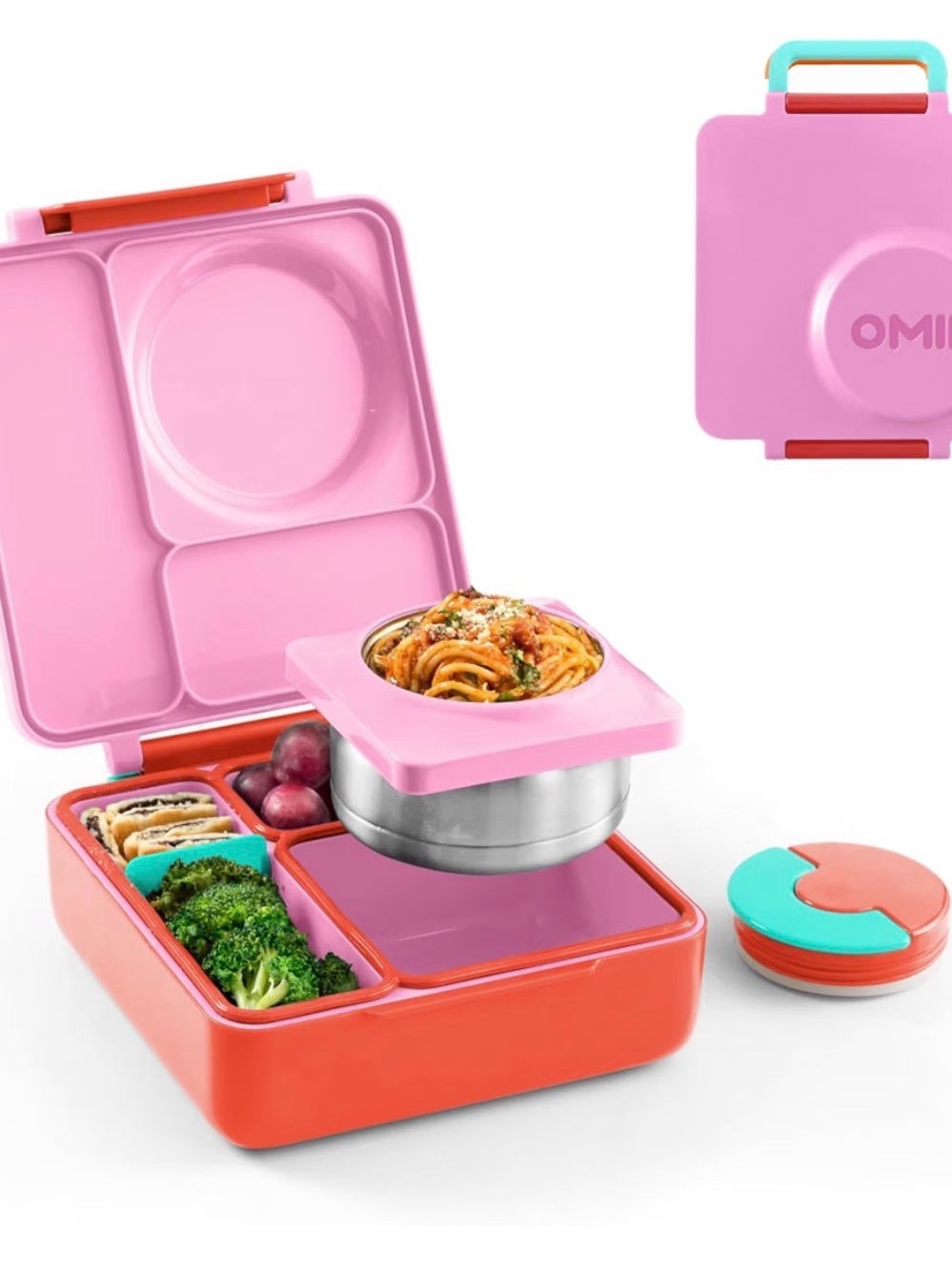 Pink, Red, and Teal OMIE Kids Bento Lunch Box with Removable Stainless Bowl